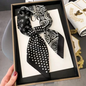 Foulard carré imprimé cachemire à pois pour femme, noir et blanc