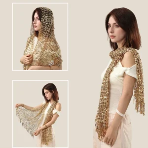 Écharpe femme luxe en doré scintillant, avec franges et paillettes