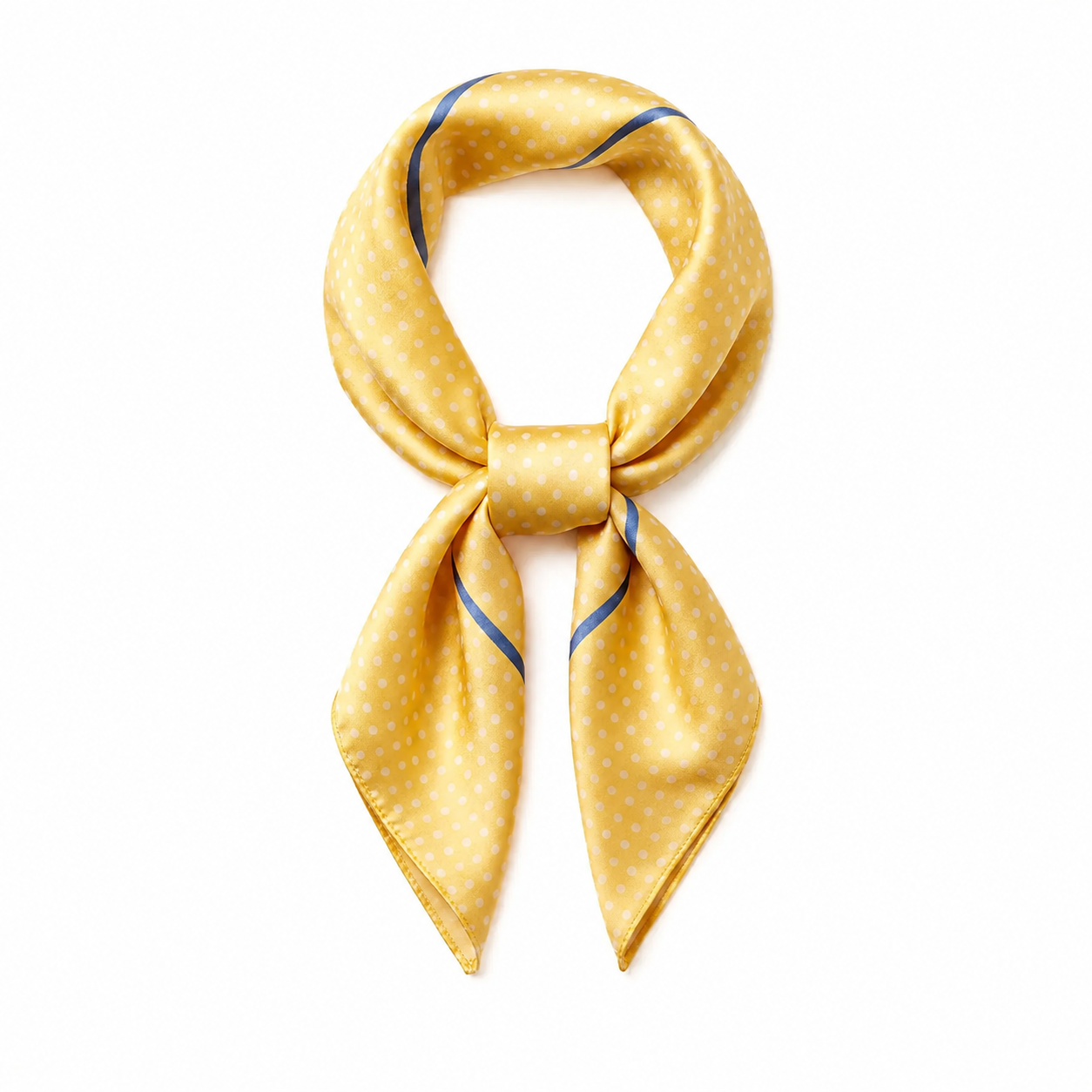 Foulard à pois jaune en soie noué, sur fond blanc, pour femme