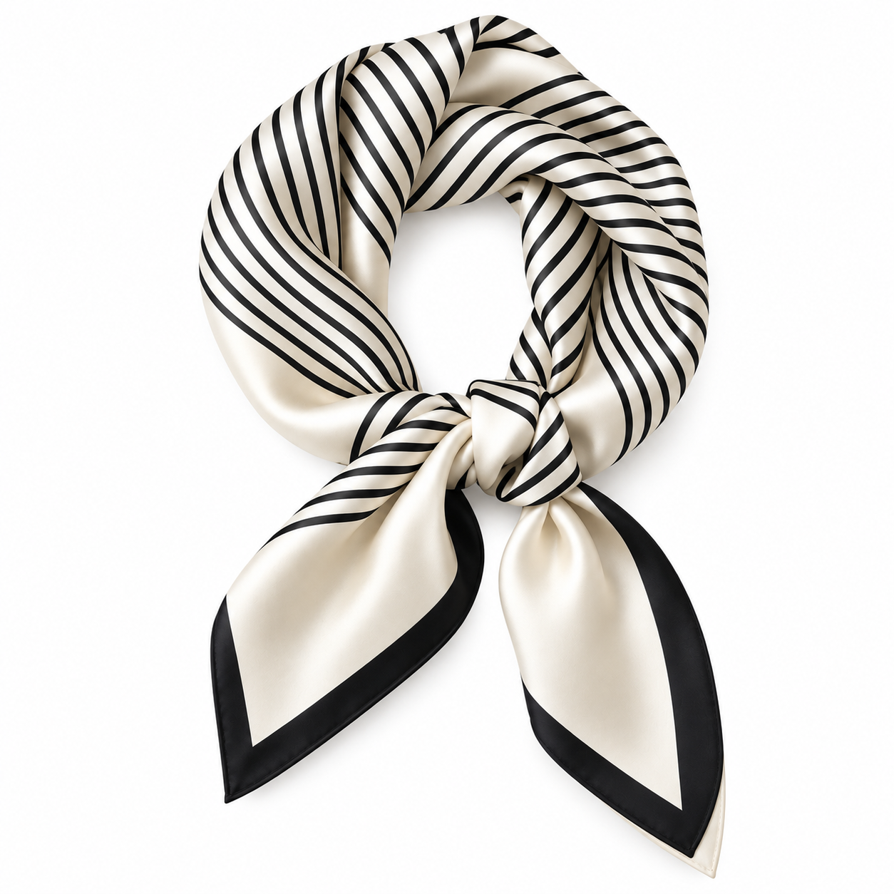 Foulard ivoire à rayures noires et bordure noire noué sur fond blanc