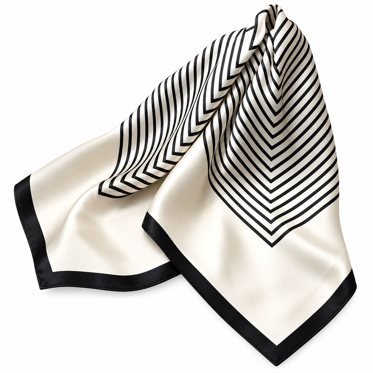 Détail des rayures noires et de la bordure noire du foulard ivoire