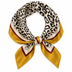 Foulard Léopard Moutarde arrondi avec nœud central sur fond blanc, imprimé noir sur ivoire et bordures moutarde et bordeaux