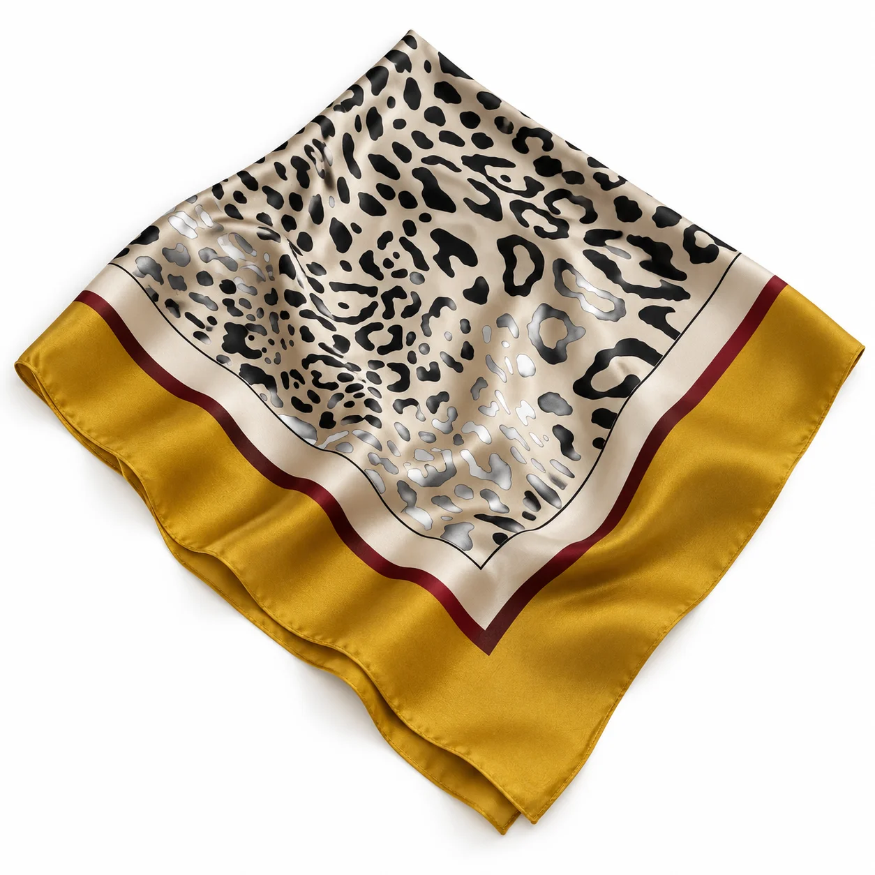 Foulard Léopard Moutarde à plat, motif noir sur ivoire et bordures moutarde et bordeaux