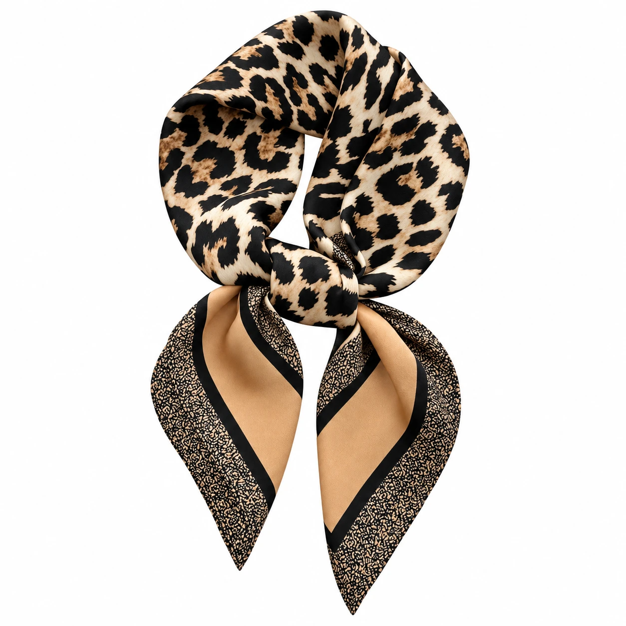 Foulard Léopard Noir arrondi avec nœud central sur fond blanc, imprimé noir et beige à bordures caramel et mouchetées