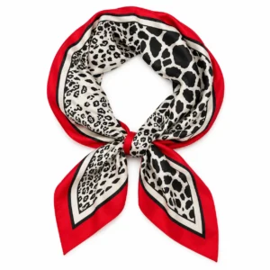 Foulard Léopard Rubis arrondi avec nœud central sur fond blanc, motifs animaliers noirs et bordure rouge