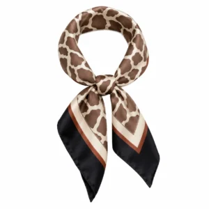 Foulard Léopard Sable arrondi avec nœud central, motifs taupe et larges bordures noires sur fond blanc