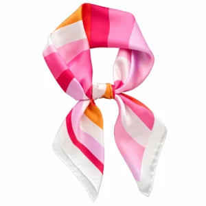 Foulard rayé corail rose et orange en boucle arrondie avec nœud central et pointes blanches sur fond blanc
