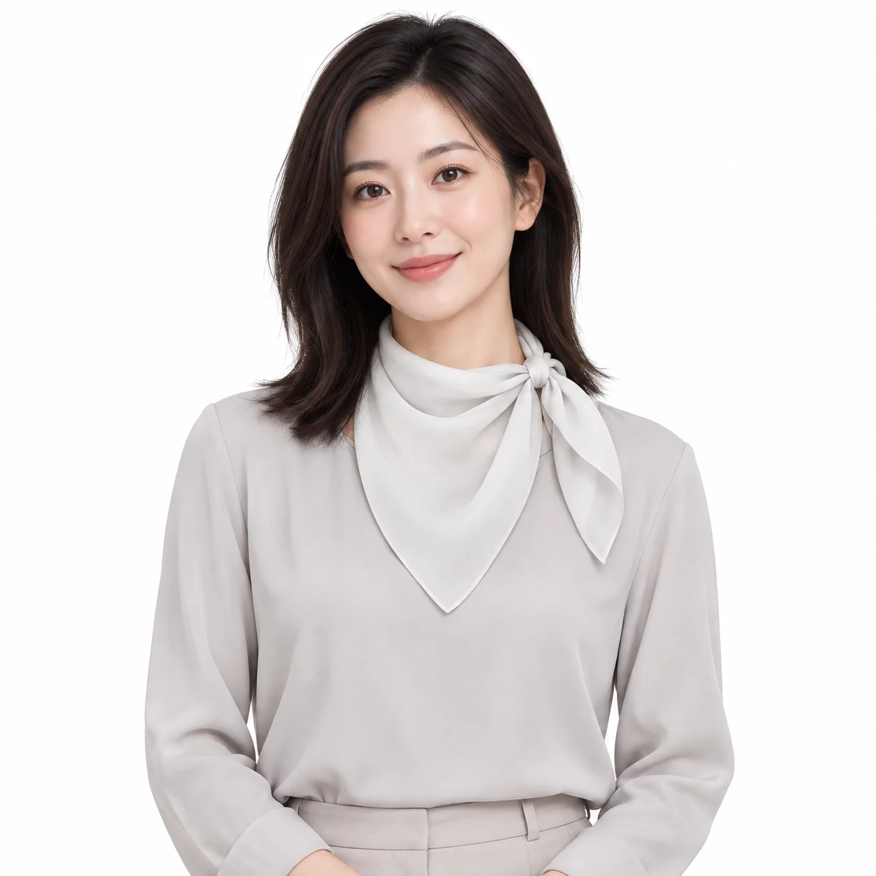 Femme portant le Foulard Uni Blanc au cou, portrait sur fond blanc