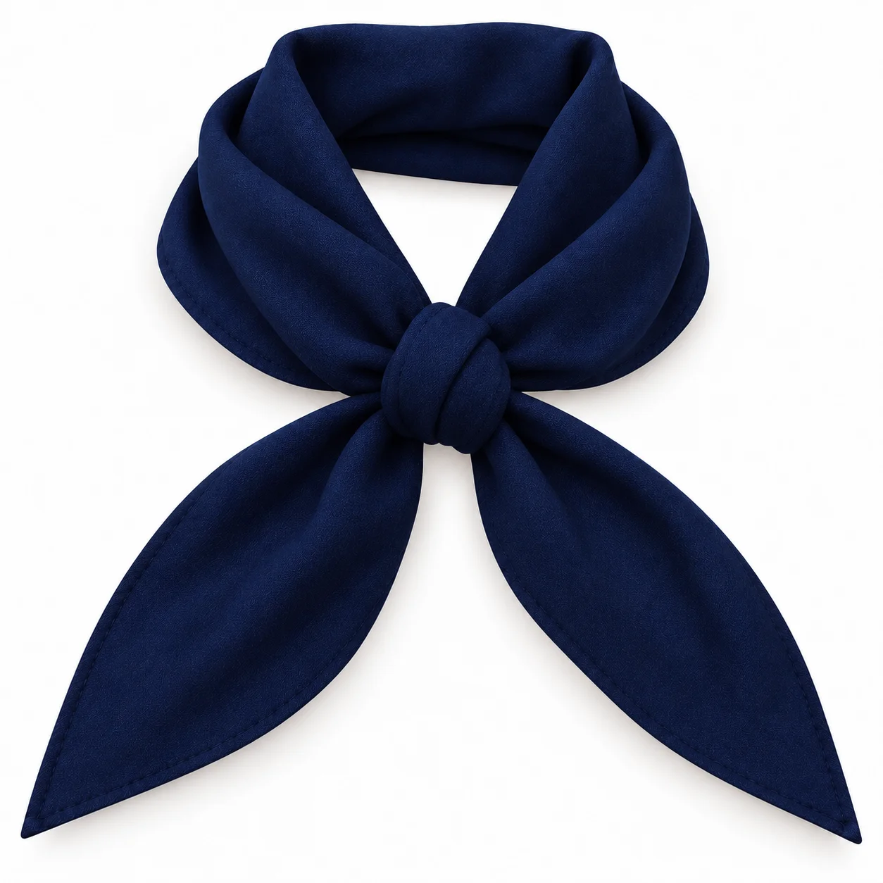 Foulard uni bleu marine avec un nœud central sur fond blanc