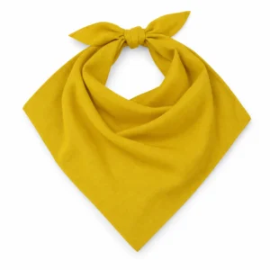 Foulard uni jaune moutarde noué et déployé sur fond blanc