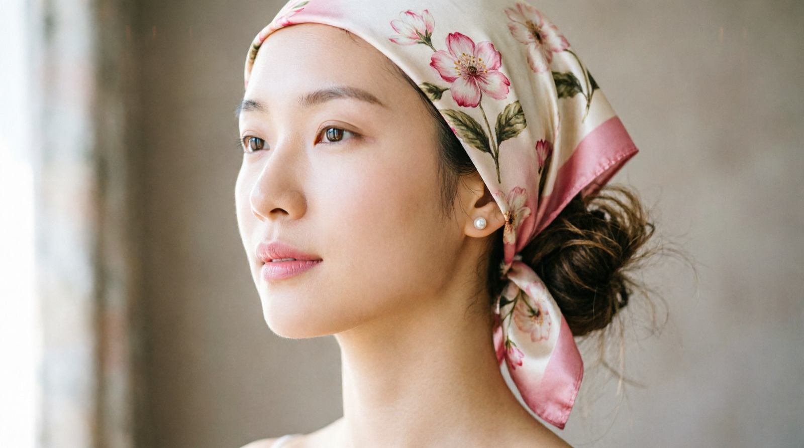 Femme portant un foulard à fleurs en bandeau dans les cheveux