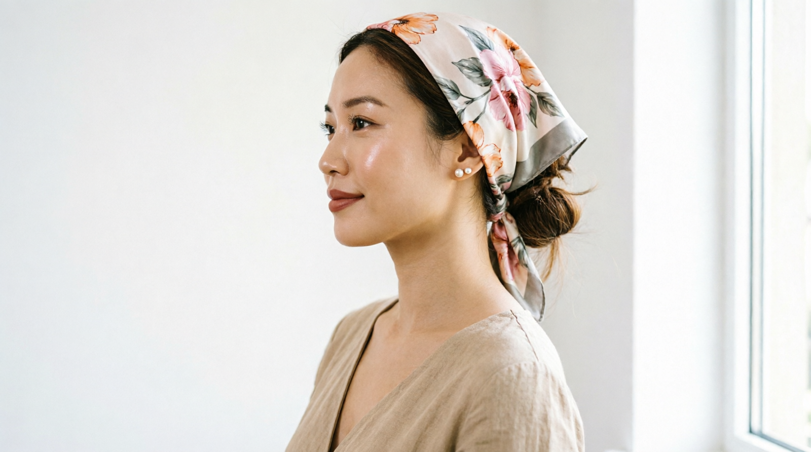 Femme portant un foulard en soie fleuri noué sur la tête
