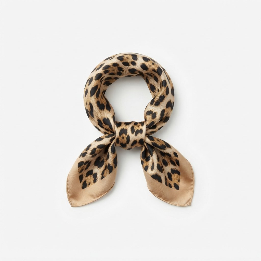 Foulard imprimé léopard en soie pour femme, plié sur fond blanc