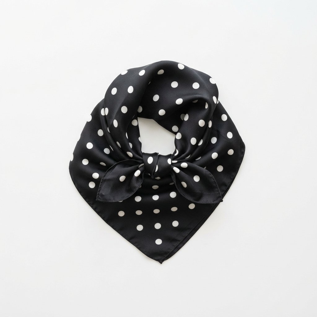Foulard à pois noir en soie pour femme, plié avec élégance sur fond blanc