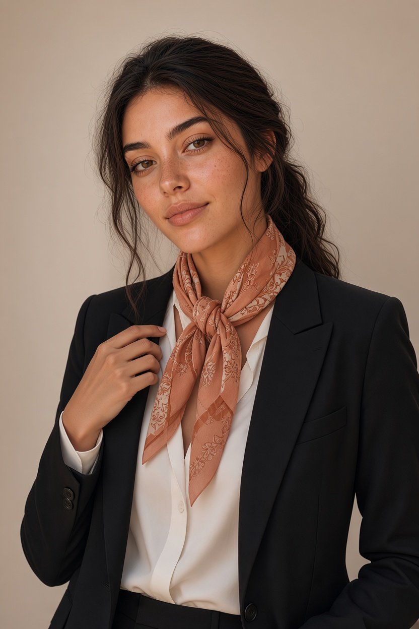 Femme portant un foulard carré en soie noué autour du cou