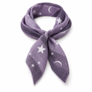 Foulard homme violet à étoiles et lunes blanches, présenté croisé sur fond blanc