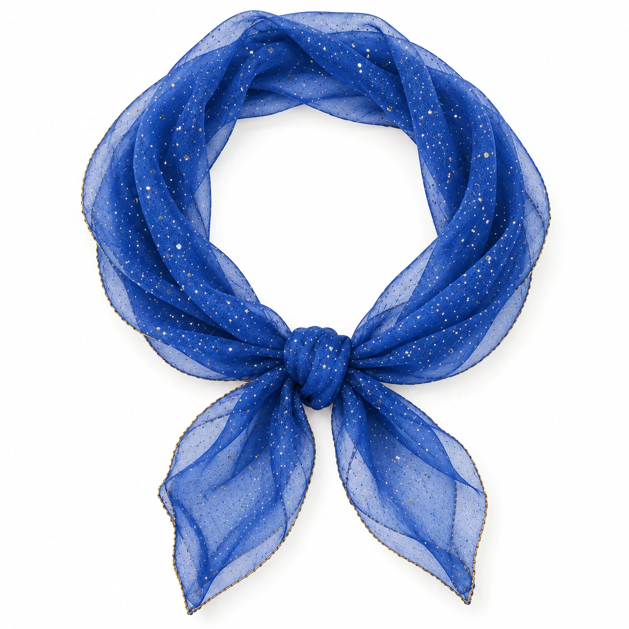 Foulard paillette bleu transparent à petits reflets pailletés en boucle arrondie sur fond blanc