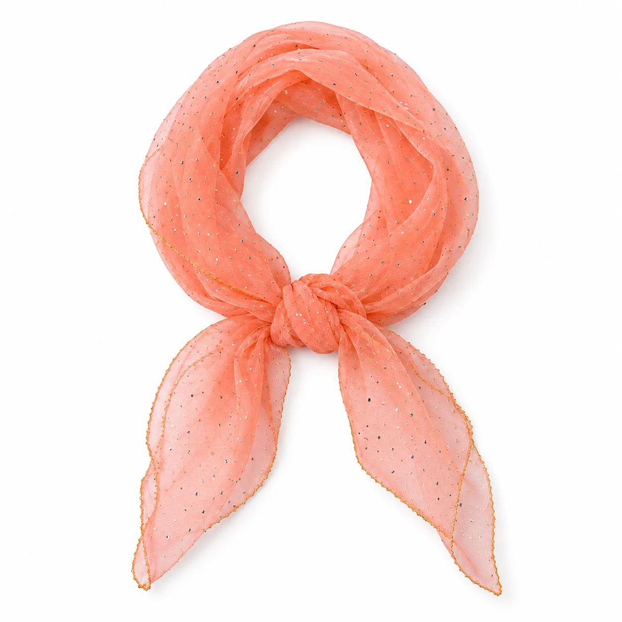 Foulard paillette corail transparent à petits reflets pailletés en boucle arrondie avec un nœud sur fond blanc