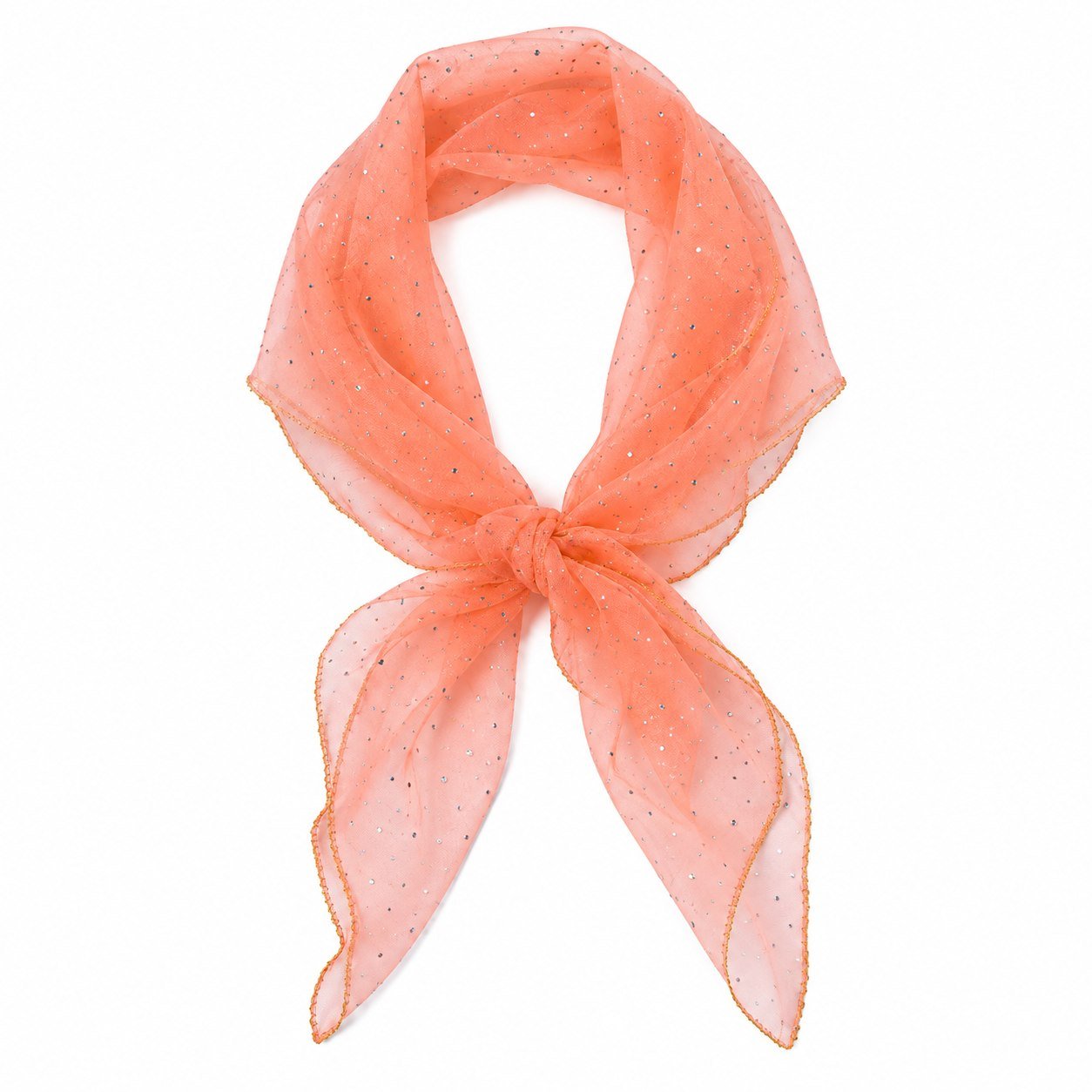 Foulard paillette corail croisé et noué, voile transparent et bordure dorée