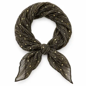 Foulard foncé à fils et sequins dorés, présenté en boucle arrondie avec un nœud central sur fond blanc