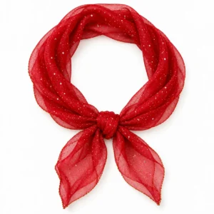Foulard rouge à petits reflets pailletés présenté en boucle arrondie avec un nœud central sur fond blanc