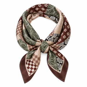 Foulard homme Carreaux Sauvage kaki beige et marron présenté en boucle arrondie avec nœud sur fond blanc