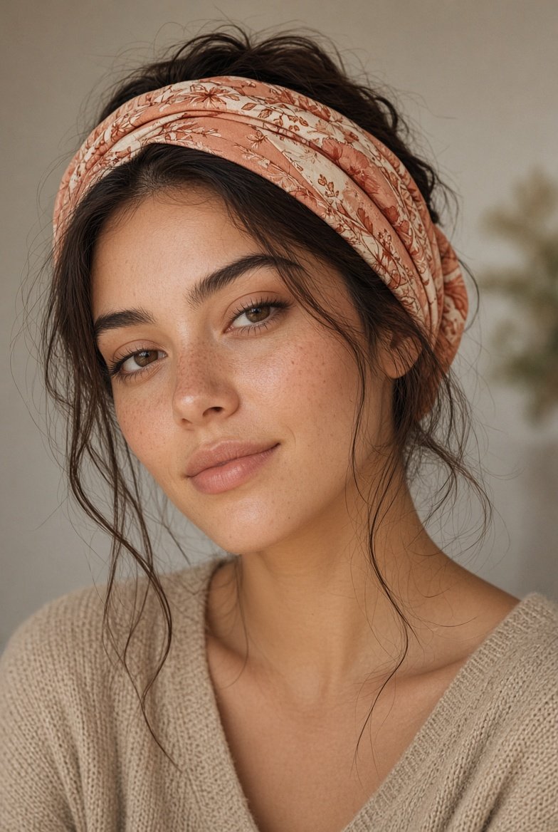 Femme portant un foulard en soie élégant mettant son visage en valeur
