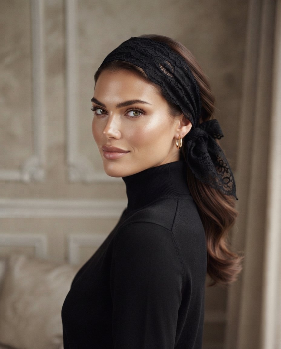 Foulard en dentelle noire porté en bandeau dans les cheveux